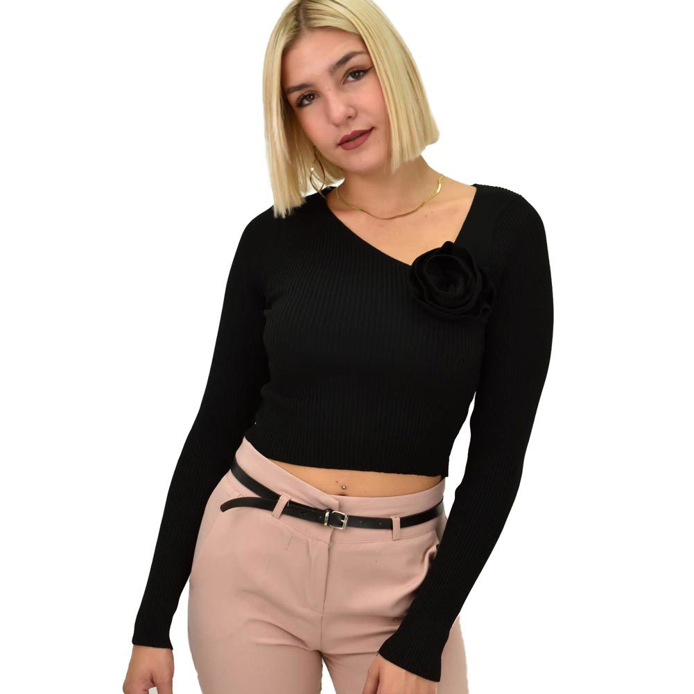 Γυναικείο πλεκτό crop top με σχέδιο λουλούδι Μαύρο 21983