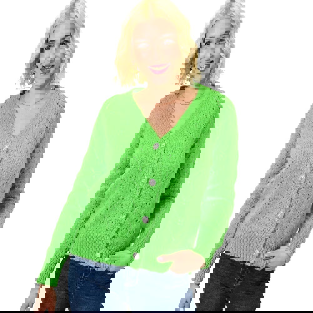 Γυναικεία πλεκτή ζακέτα με στρας στα κουμπιά Πράσινο 23057