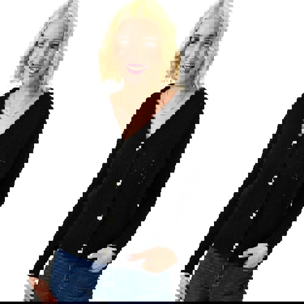 Γυναικεία πλεκτή ζακέτα με στρας στα κουμπιά Μαύρο 23058