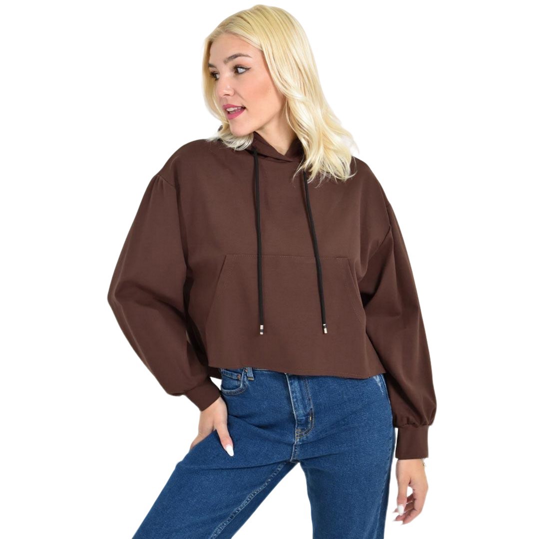 Γυναικείο Cropped Hoodie με Μαύρα Κορδόνια Και Τσέπες Καφέ 27090