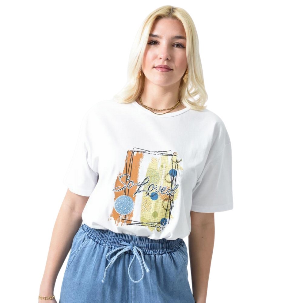 Γυναικείο T-shirt με στάμπα So Loved και Στρας Λευκό 26432