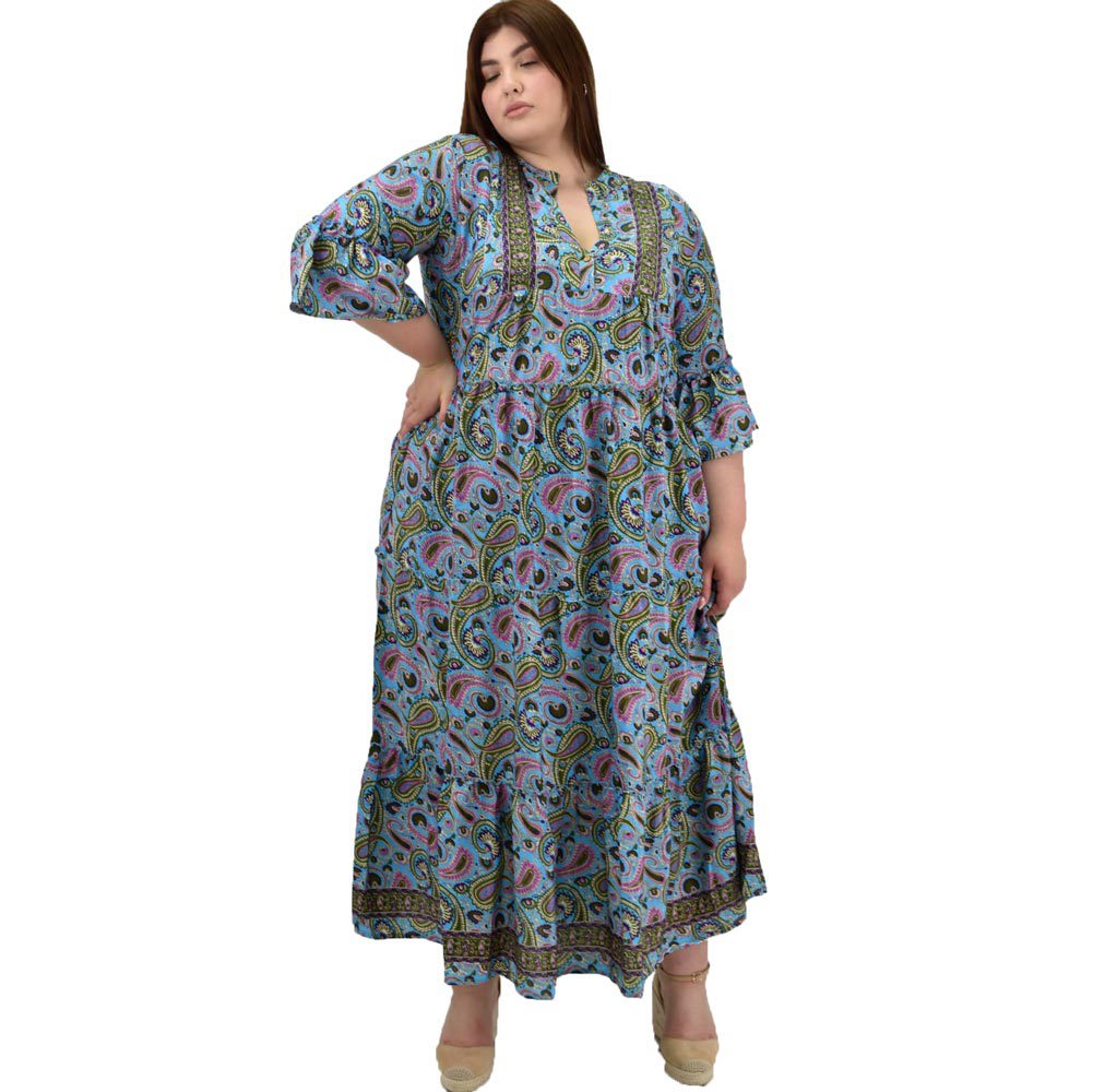 Γυναικείο μεταξωτό boho φόρεμα με σχέδιο βολάν Γαλάζιο 20057