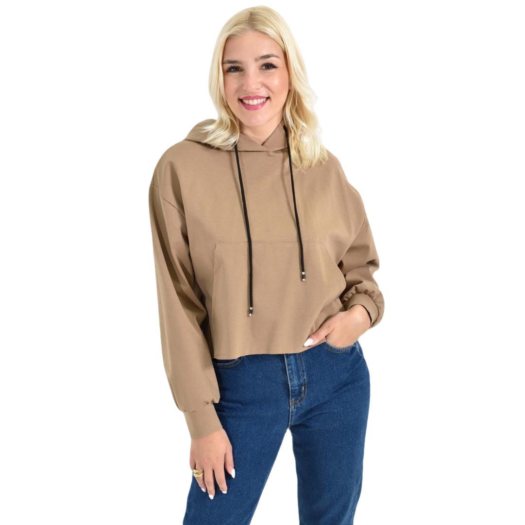 Γυναικείο Cropped Hoodie με Μαύρα Κορδόνια Και Τσέπες Μπεζ 27092