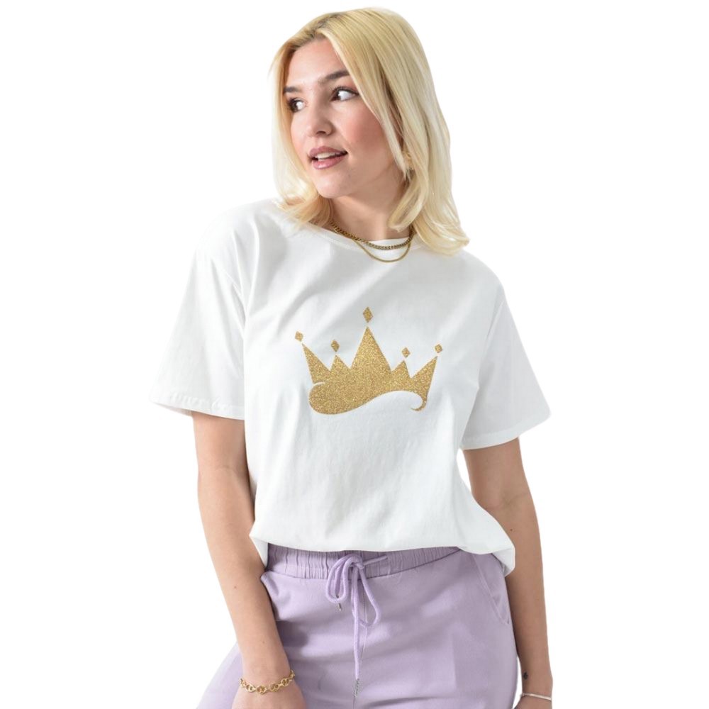 Γυναικείο T-shirt με χρυσό τύπωμα κορώνα Λευκό 26383
