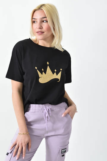  - Γυναικείο t-shirt με χρυσό τύπωμα κορώνα και στρογγυλή λαιμόκοψη σε μαύρο