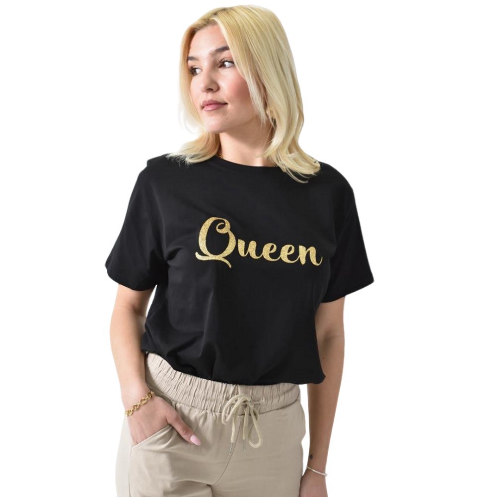 Γυναικείο T-shirt με χρυσό τύπωμα Queen Μαύρο 26384