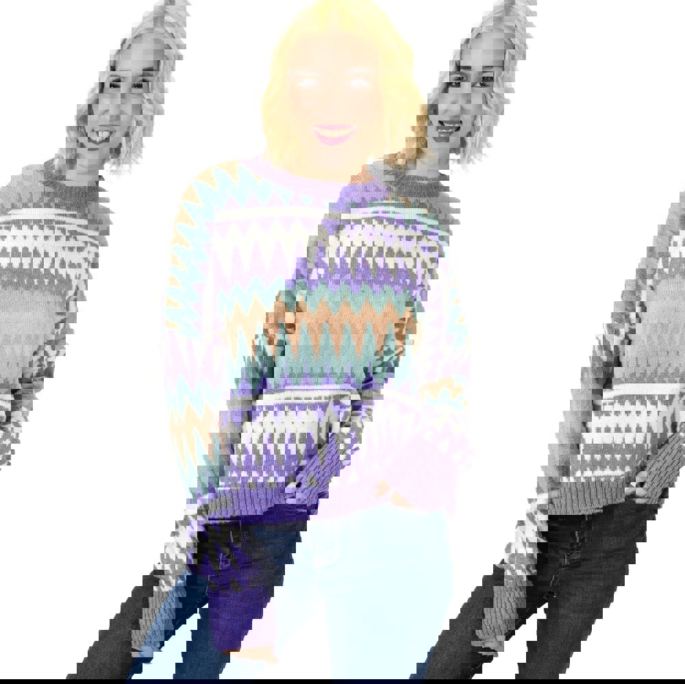 Πλεκτό πουλόβερ ζακάρ πολύχρωμο Λιλά 23062