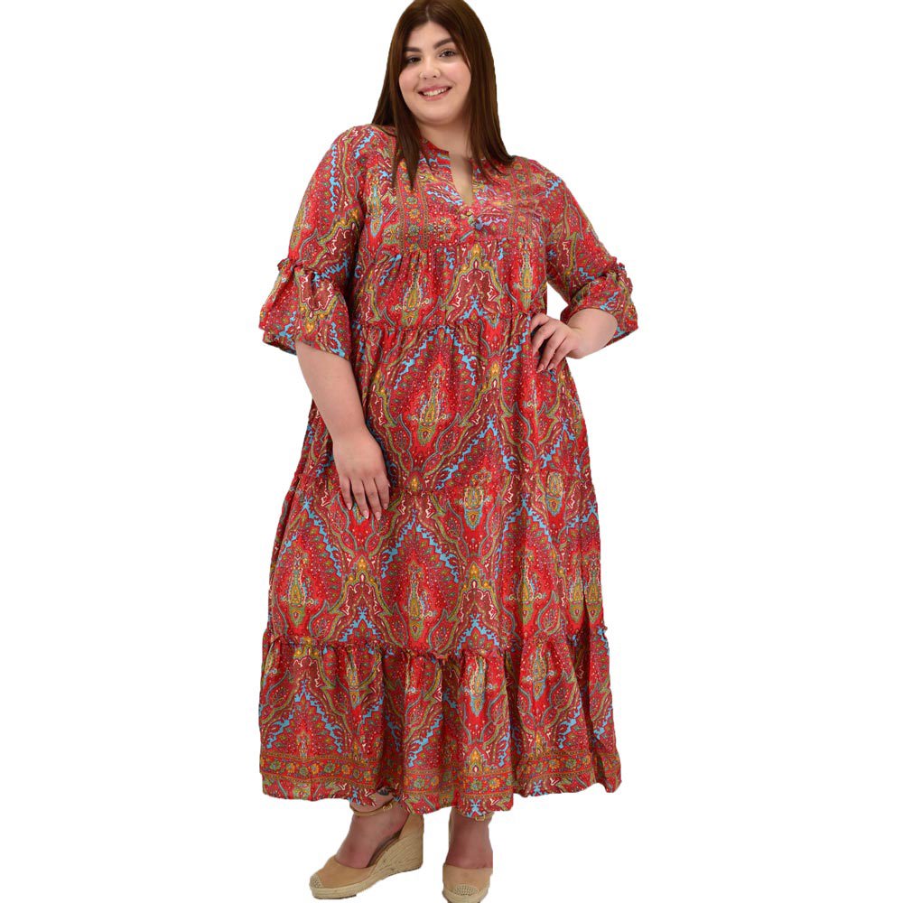 Γυναικείο μεταξωτό boho φόρεμα με σχέδιο βολάν Κόκκινο 20045