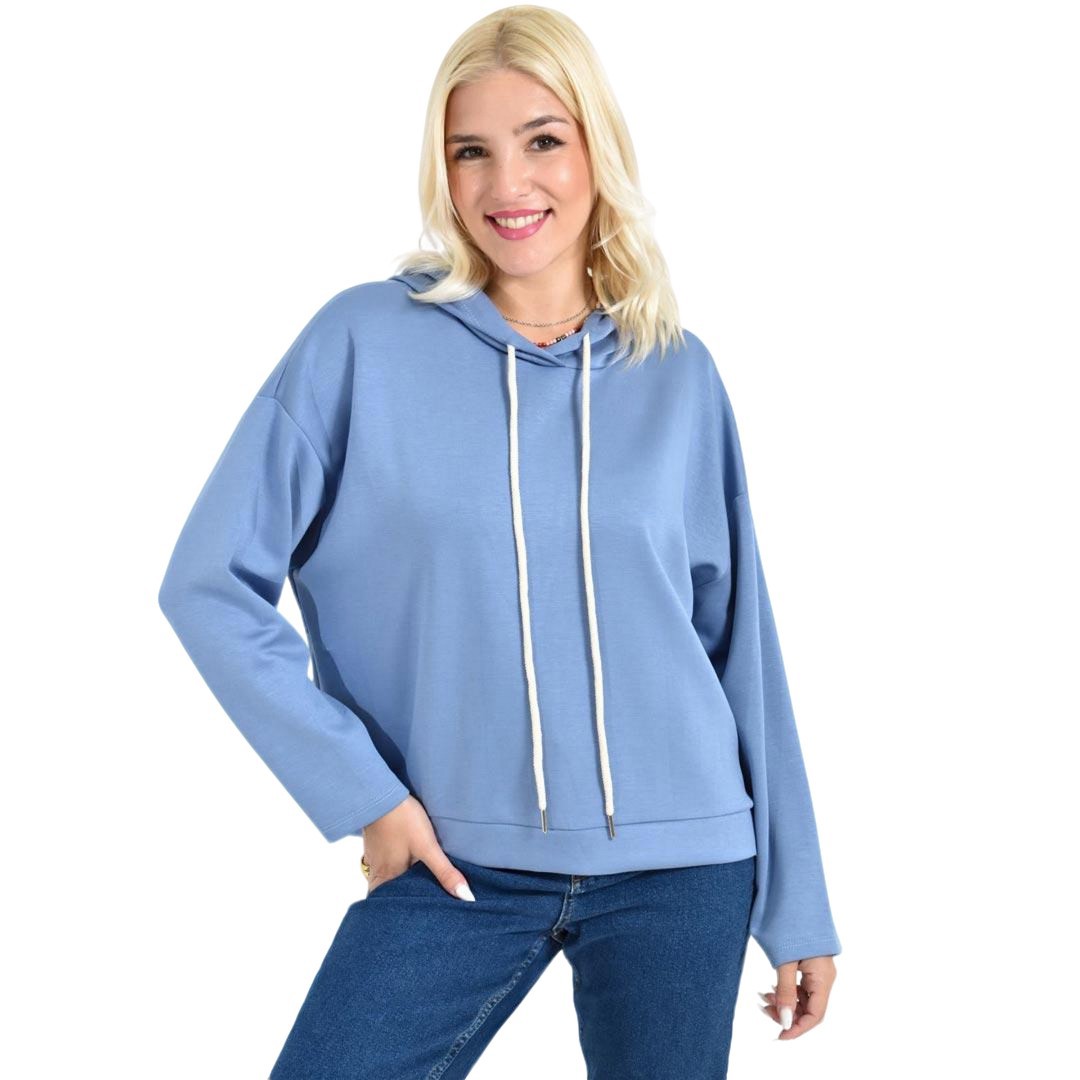 Γυναικείο Cropped Hoodie με εκρού Κορδόνια Μπλε Ραφ 27082
