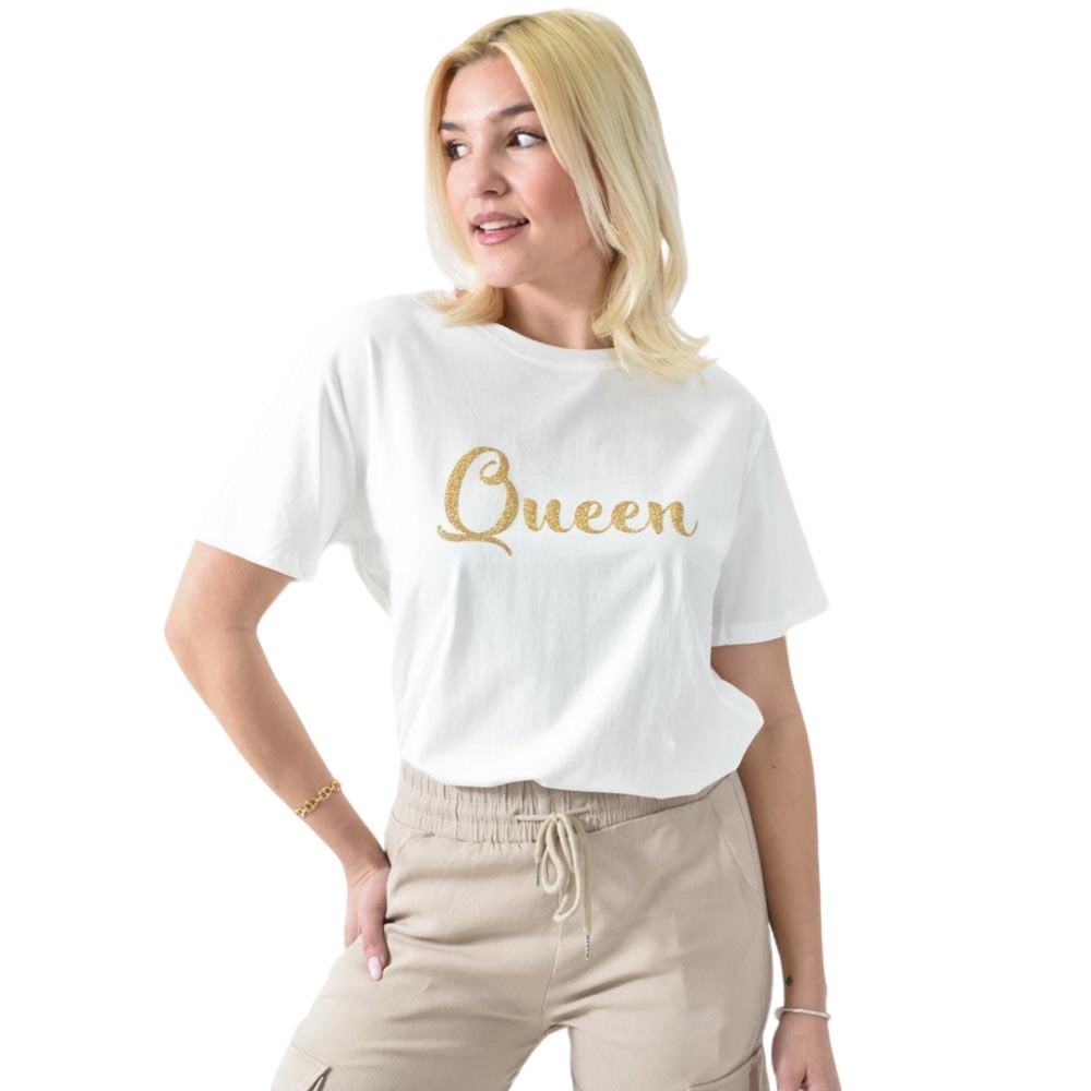 Γυναικείο T-shirt με χρυσό τύπωμα Queen Λευκό 26385