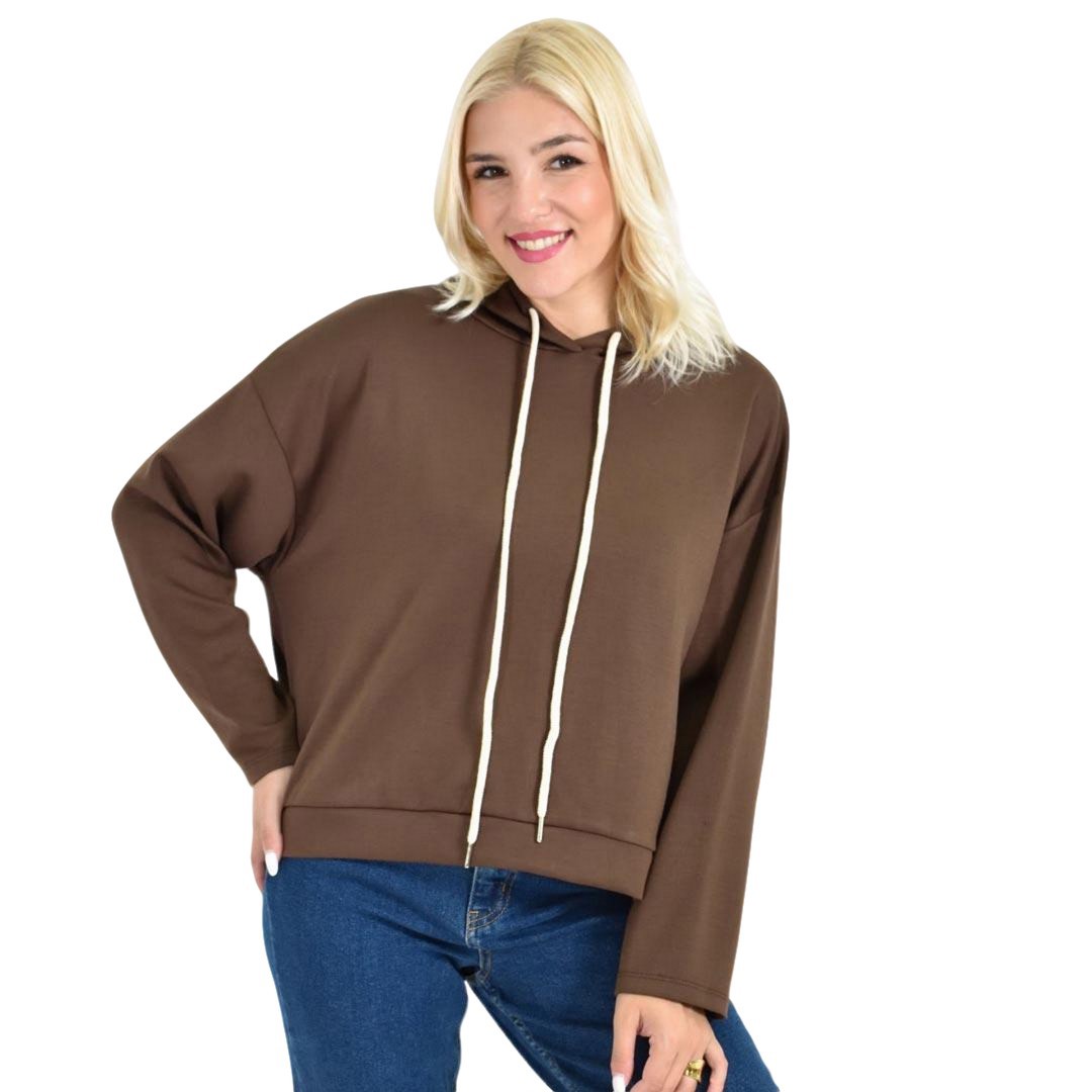 Γυναικείο Cropped Hoodie με εκρού Κορδόνια Καφέ 27083