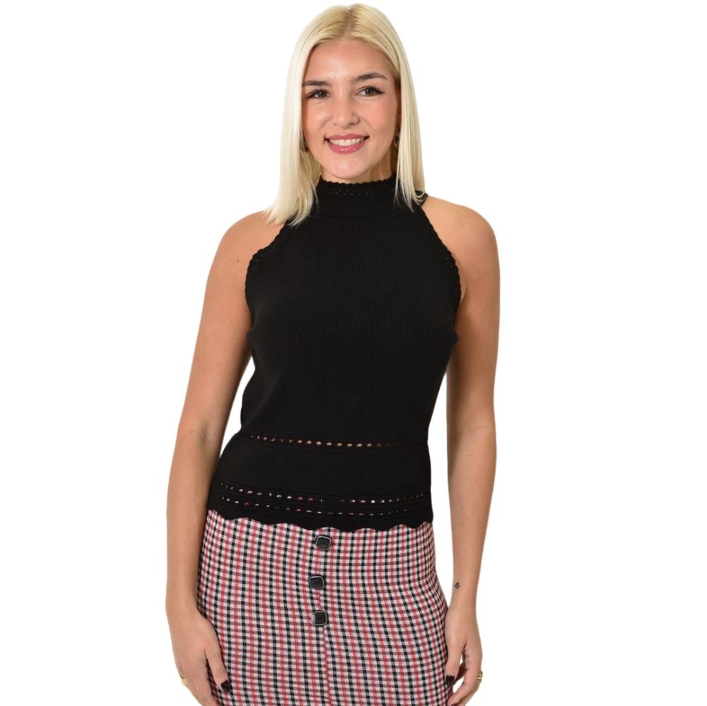 Γυναικείο πλεκτό αμάνικο ζιβάγκο με διάτρητο σχέδιο Μαύρο 26067