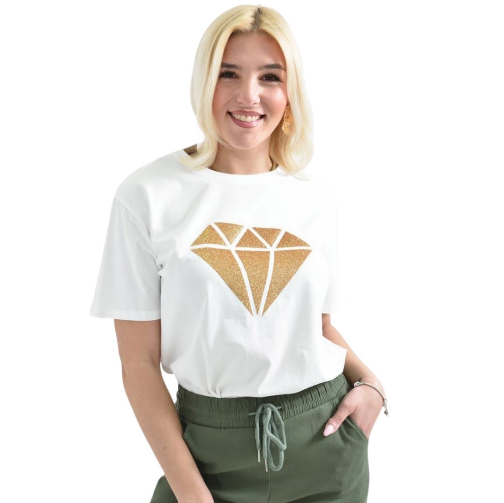 Γυναικείο T-shirt με χρυσό τύπωμα διαμάντι Λευκό 26389