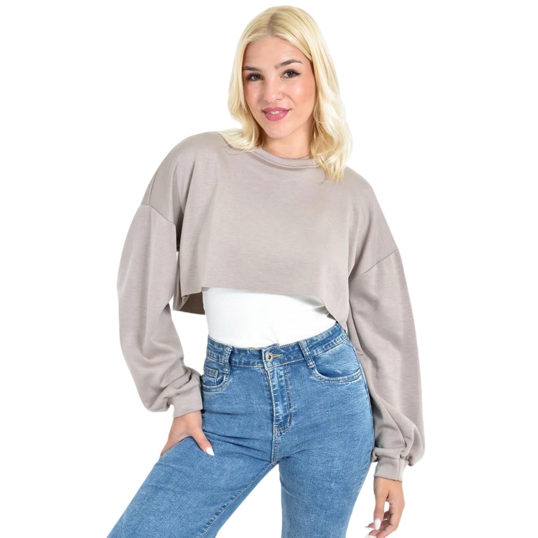 Γυναικείο Cropped Top με Balloon Μανίκια Μπεζ 27097
