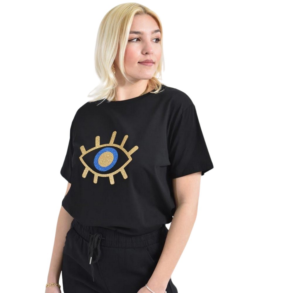 Γυναικείο T-shirt με χρυσό τύπωμα μάτι Μαύρο 26392