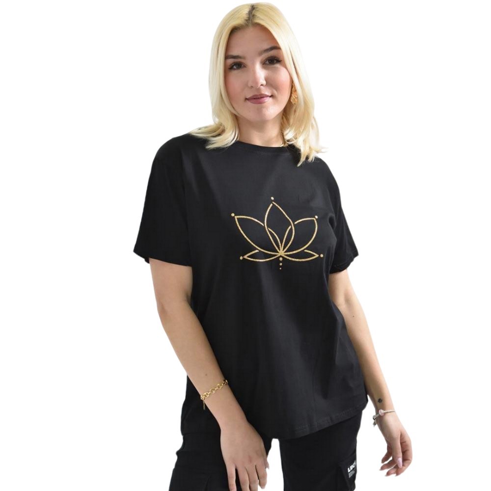 Γυναικείο T-shirt με χρυσό τύπωμα νούφαρο Μαύρο 26380