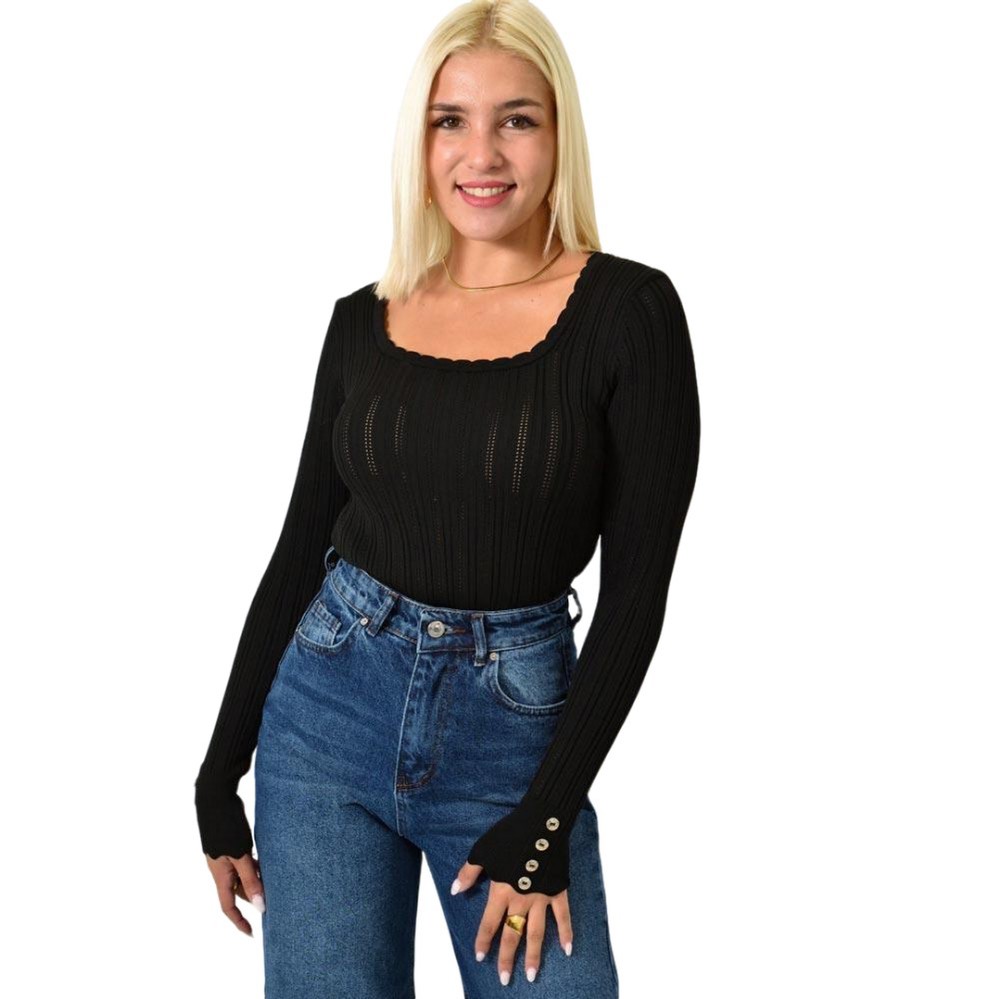 Πλεκτό τοπ POINTELLE με κουμπιά Μαύρο 25697