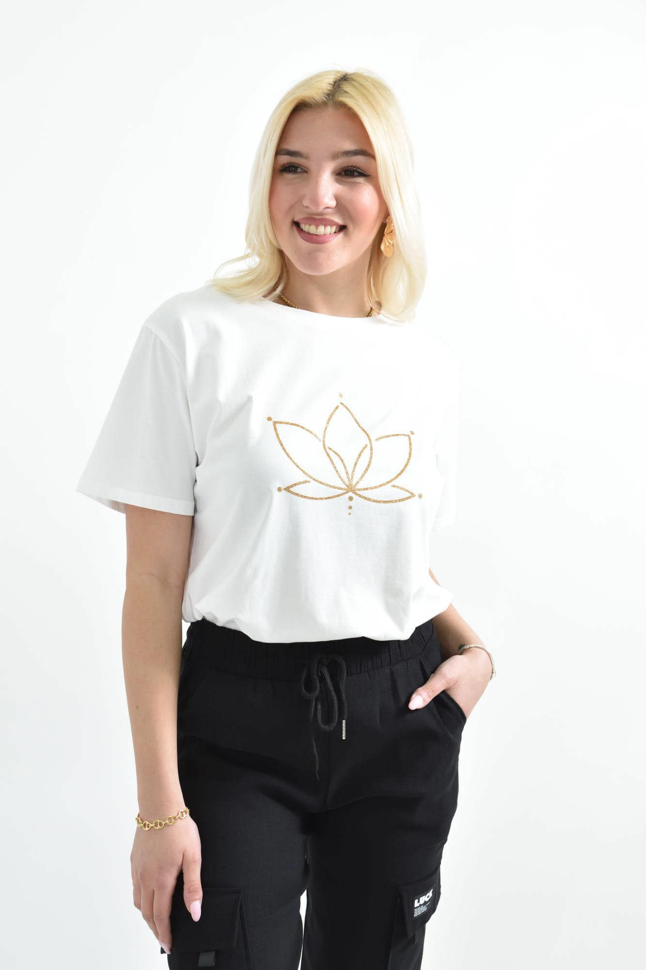Γυναικείο T-shirt με χρυσό τύπωμα νούφαρο Λευκό 26381