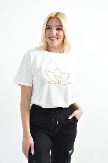  - Γυναικείο t-shirt με χρυσό τύπωμα νούφαρο και στρογγυλή λαιμόκοψη σε λευκό