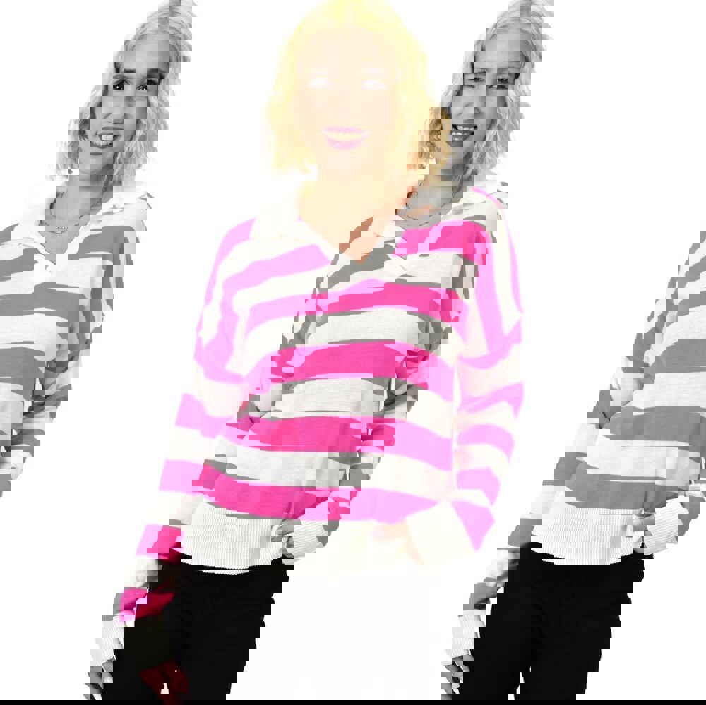 Μπλούζα με γιακά και φαρδιές ρίγες Φούξια 23093