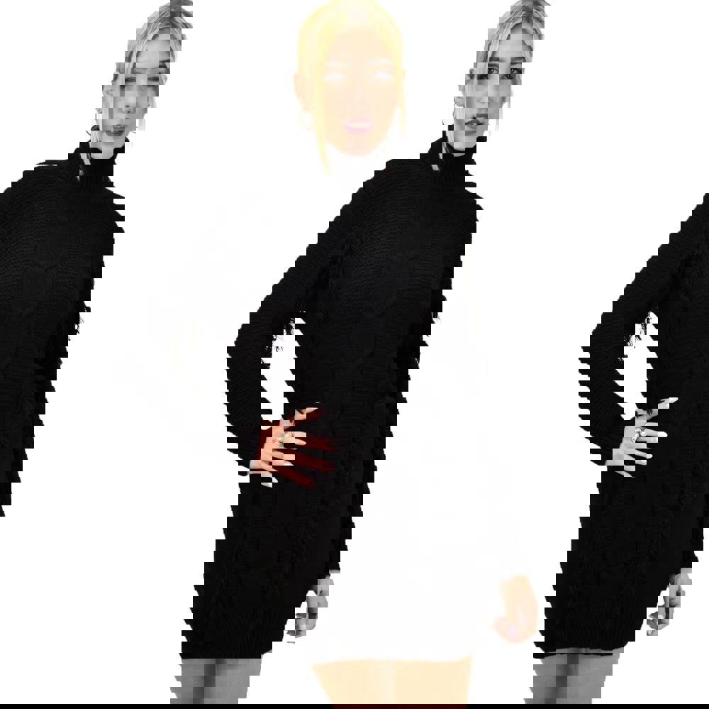 Γυναικείο πλεκτό φόρεμα με σχέδιο πλεξούδα και κρόσια Μαύρο 8905