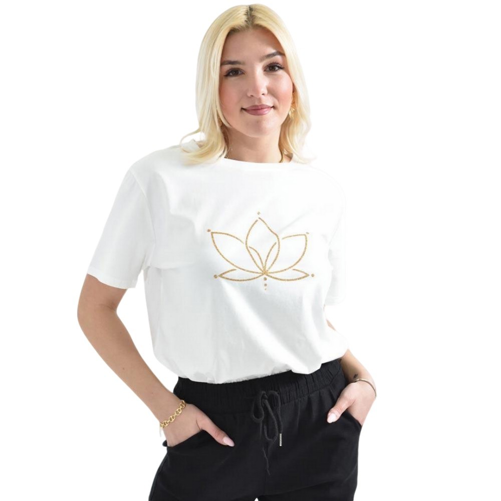 Γυναικείο T-shirt με χρυσό τύπωμα νούφαρο Λευκό 26381
