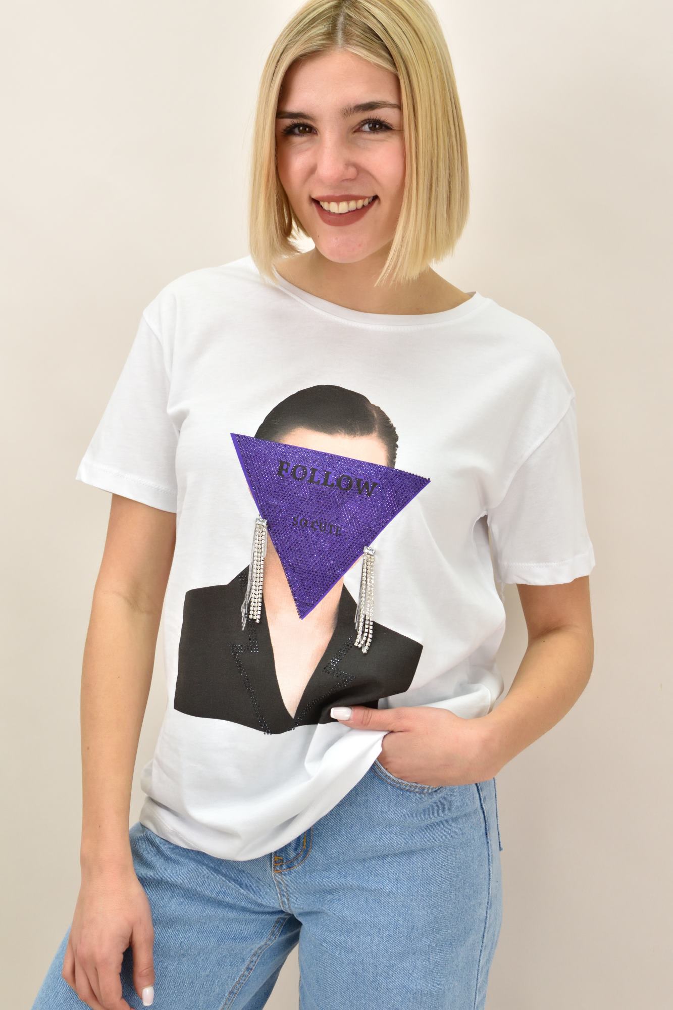 Γυναικείο T-shirt με στρας FOLLOW Λευκό 18962