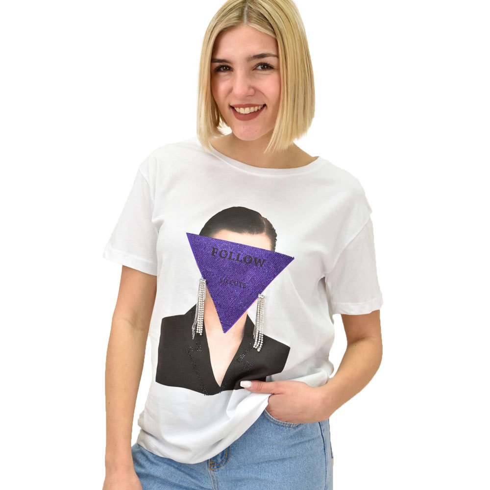 Γυναικείο T-shirt με στρας FOLLOW Λευκό 18962