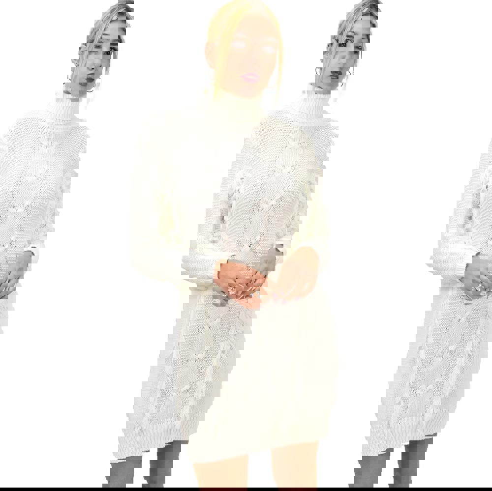 Γυναικείο πλεκτό φόρεμα με σχέδιο πλεξούδα και κρόσια Εκρού 8893