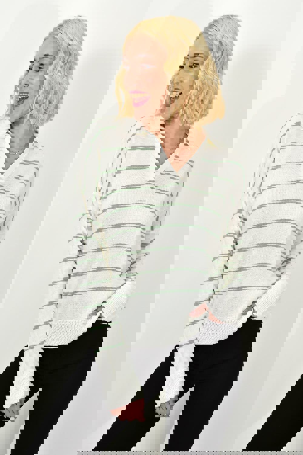 Πλεκτή ριγέ μπλούζα πόλο Φυστικί 23074 φωτογραφία