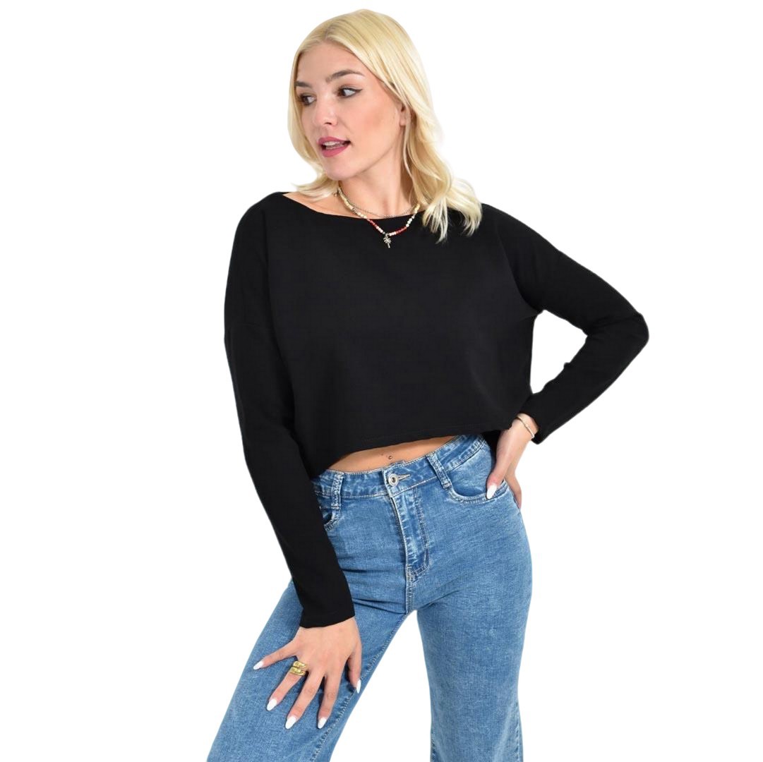 Γυναικείο Cropped Μπλουζάκι με Μακριά Μανίκια Μαύρο 27114