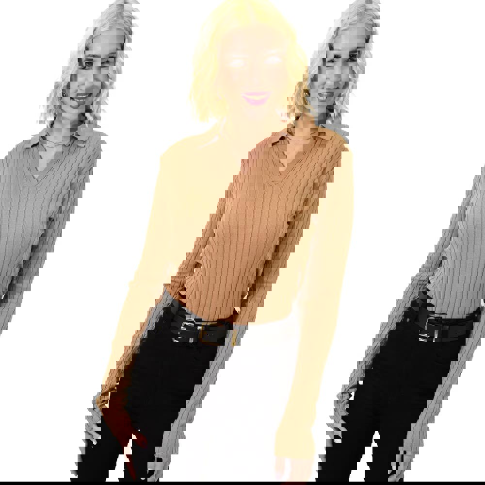 Γυναικεία μπλούζα ριπ με γιακά Μπεζ 23068