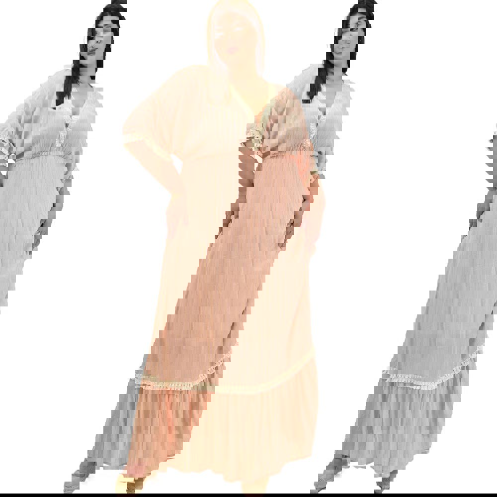 Γυναικείο maxi καφτάνι με κρόσια Σομόν 20107