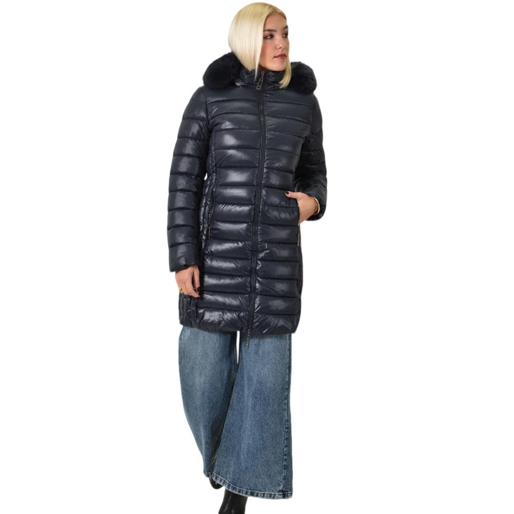 Μακρύ μπουφάν φουσκωτό με γούνινη κουκούλα Μπλε Σκούρο 26116