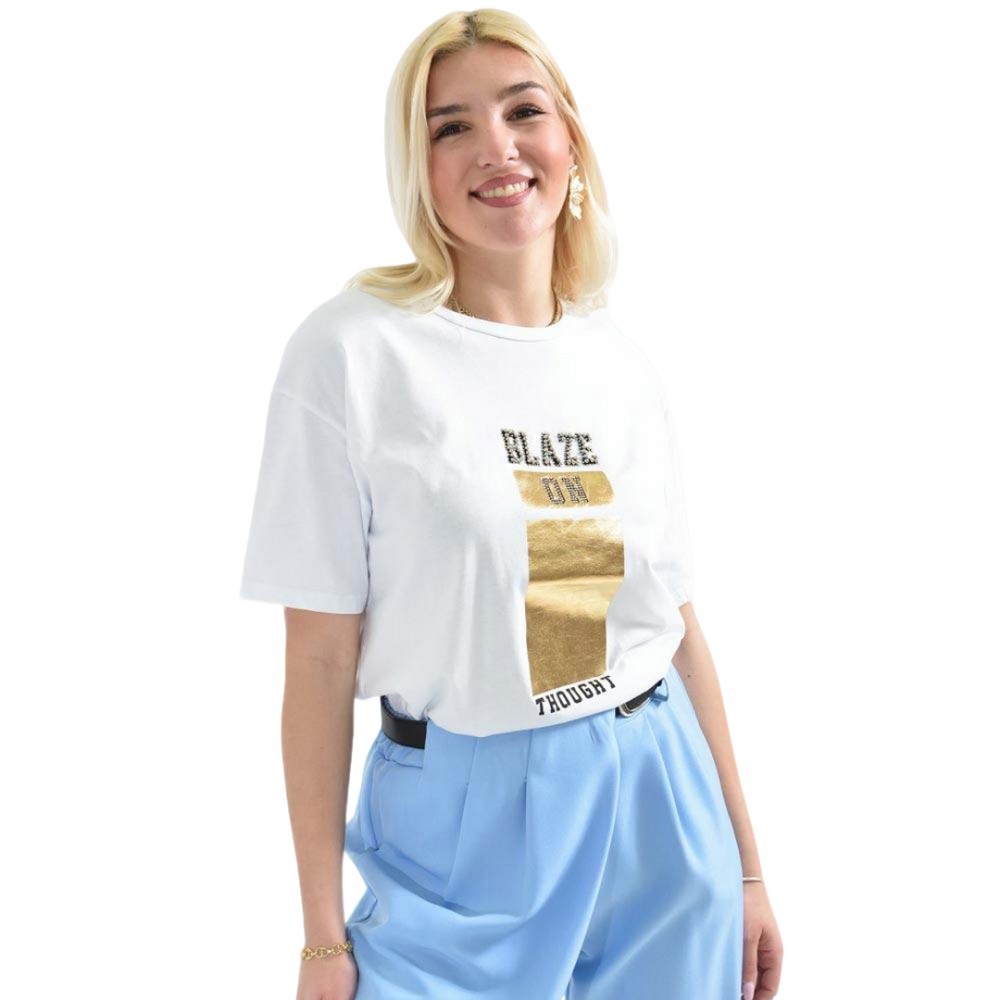 Γυναικείο T-shirt με σχέδιο BLAZE με Στρας & Πέρλες Λευκό 26421