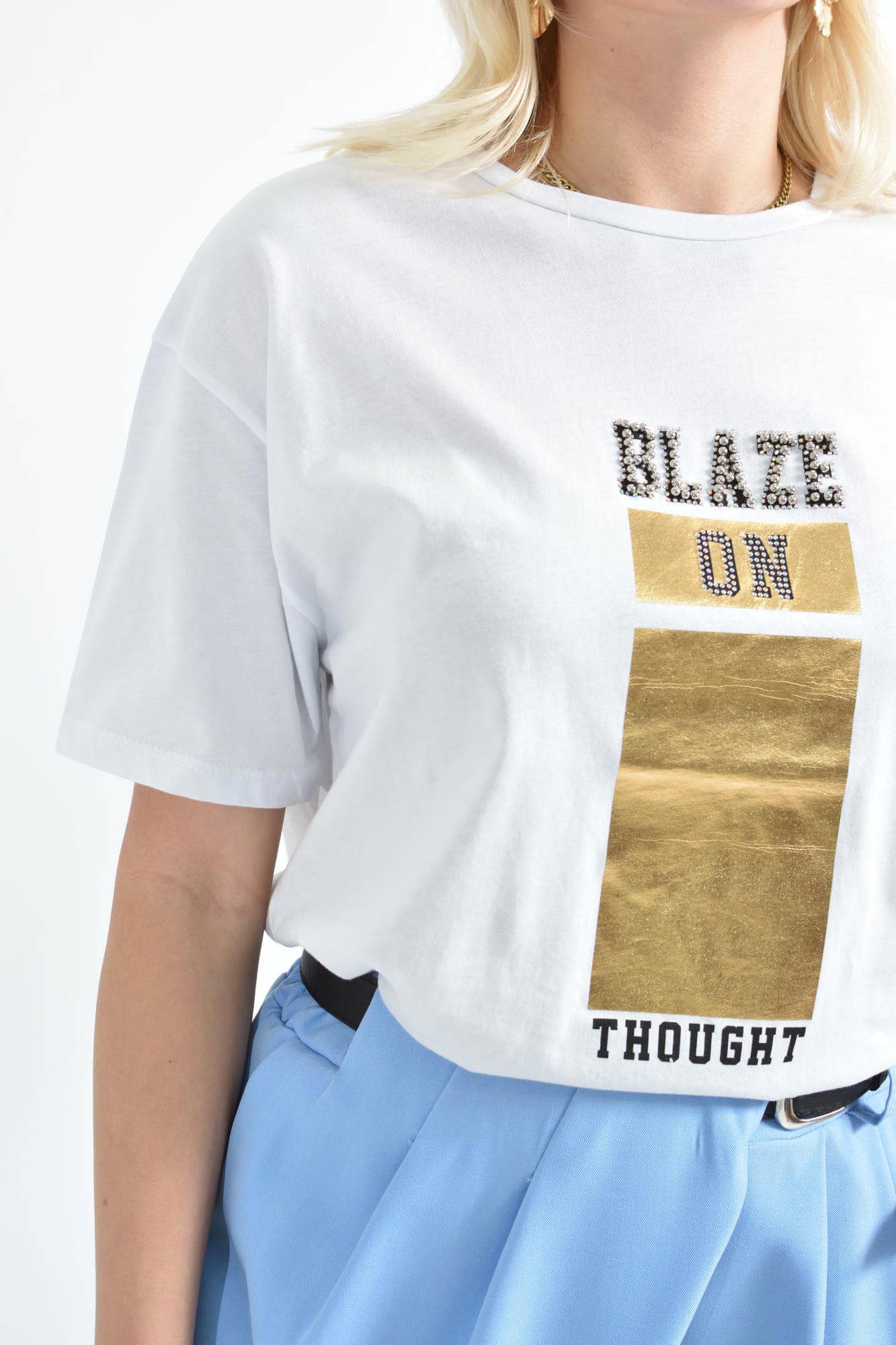 Γυναικείο T-shirt με σχέδιο BLAZE με Στρας & Πέρλες Λευκό 26421