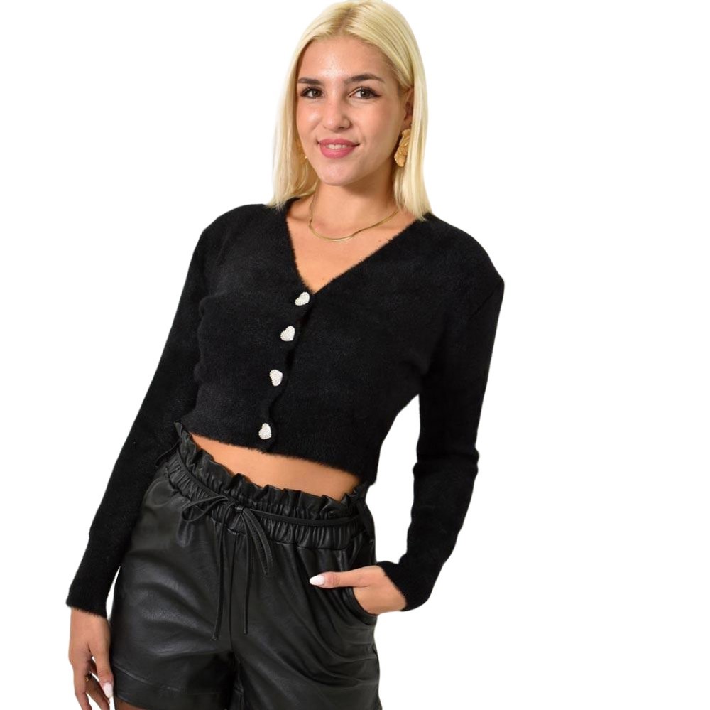 Χνουδωτή ζακέτα με κουμπιά σε σχήμα καρδιάς Μαύρο 25689