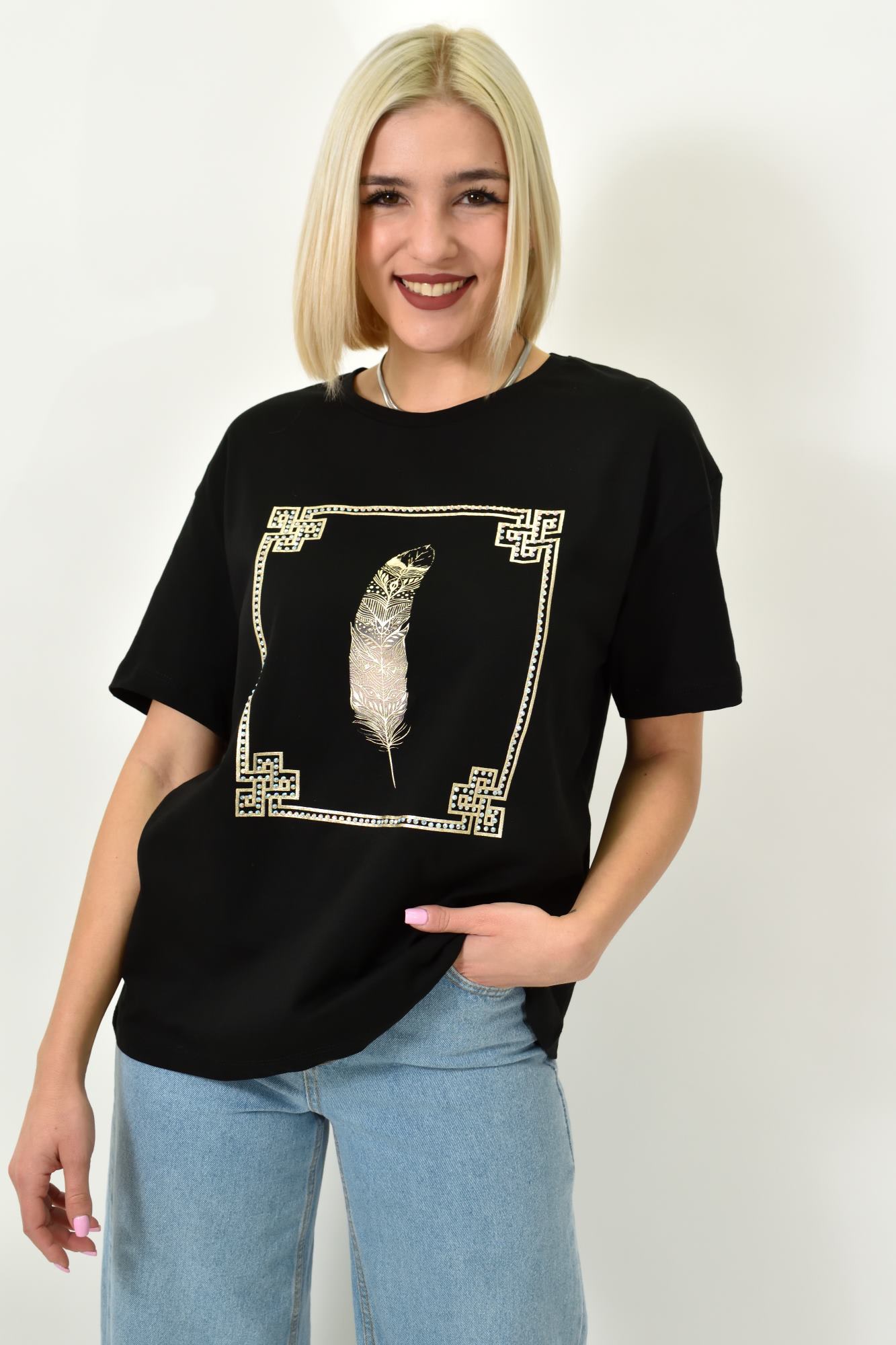 Γυναικείο T-shirt με σχέδιο φτερό Μαύρο 23195
