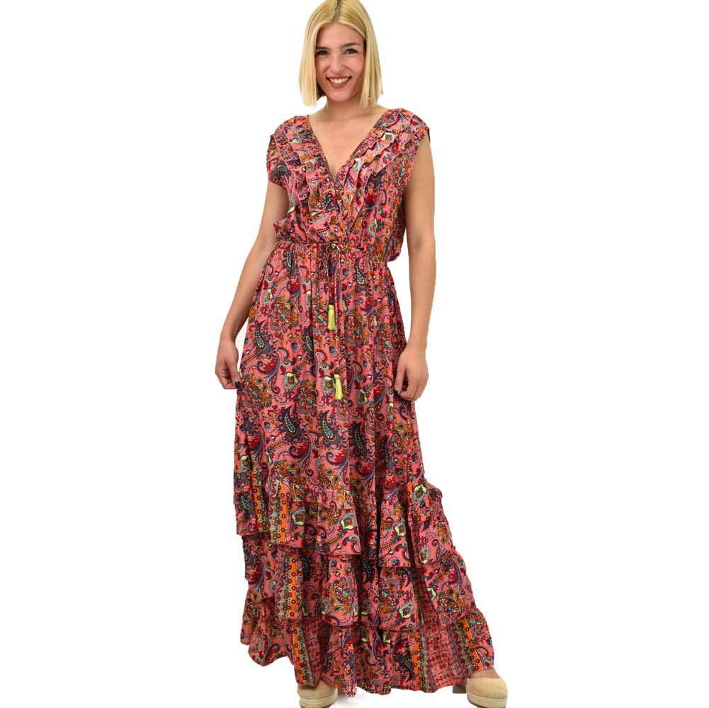 Γυναικείο μεταξωτό boho φόρεμα με βολάν Ροζ 20635