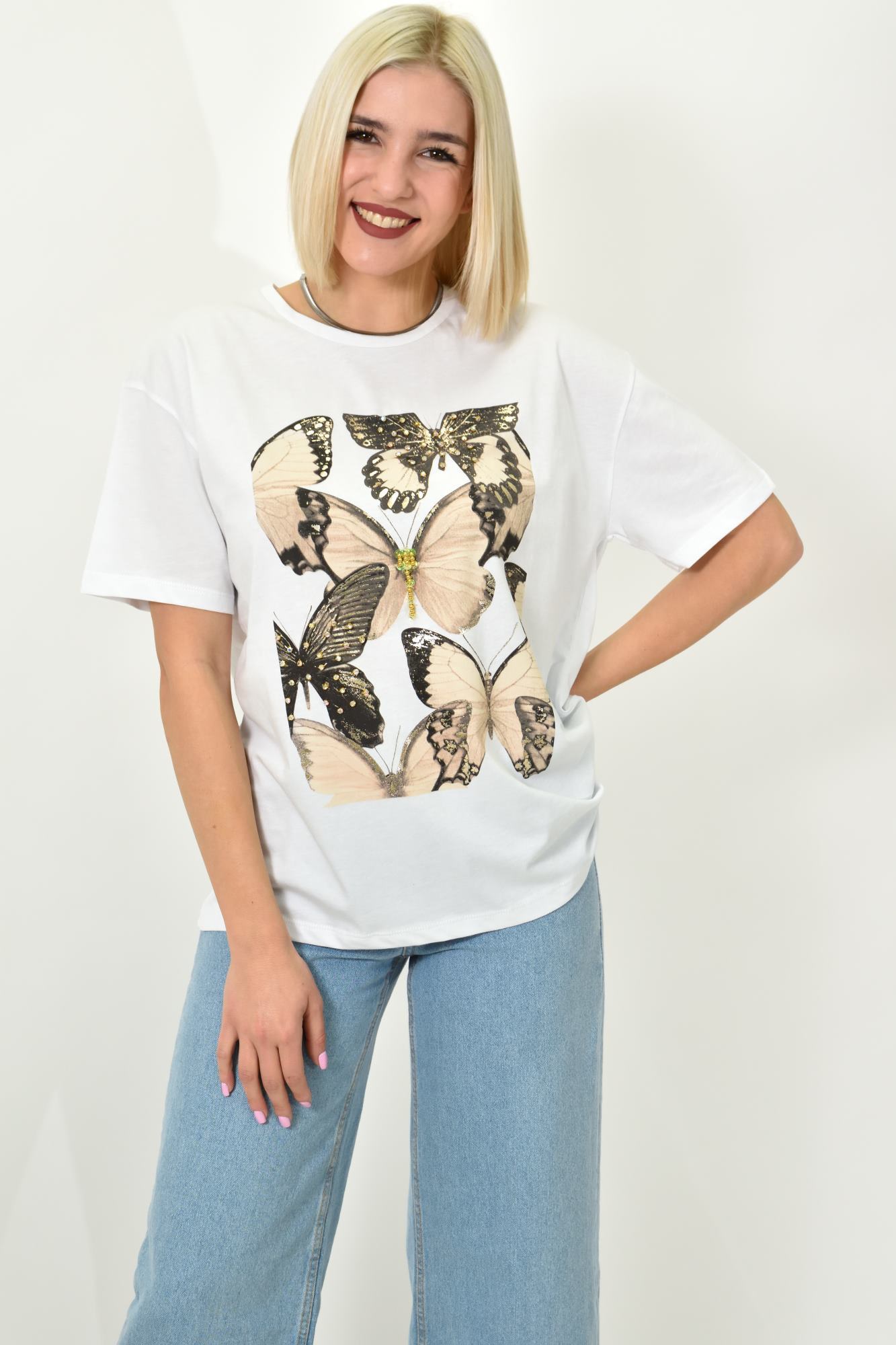 Γυναικείο T-shirt με σχέδιο πεταλούδες Λευκό 23155