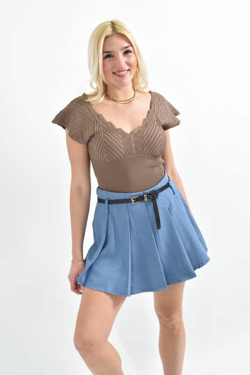  - Γυναικείο πλεκτό τοπ με V ντεκολτέ και ιδιαίτερα μανίκια, καλοκαιρινό σε πούρο