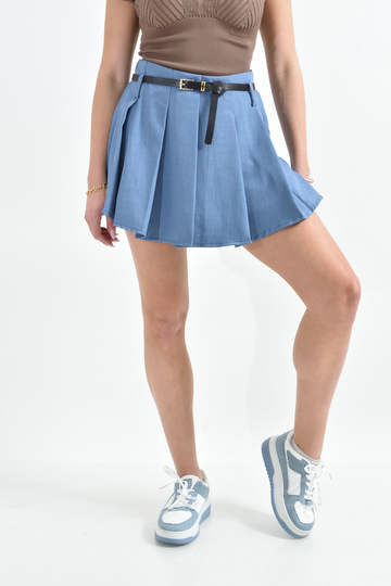  - Γυναικείο σορτσάκι-φούστα με πιέτες και ζωνάκι στη μέση σε μπλε ραφ