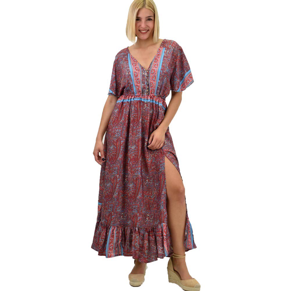 Γυναικείο μεταξωτό boho φόρεμα με κουμπιά χωρίς ζώνη Μπλε 20652