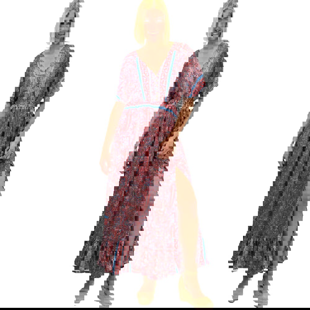 Γυναικείο μεταξωτό boho φόρεμα με κουμπιά χωρίς ζώνη Μπλε 20652