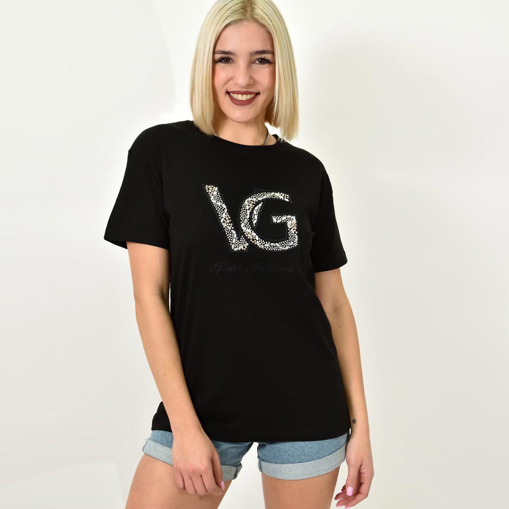 Γυναικείο T-shirt με σχέδιο και στρας VG Μαύρο 23150