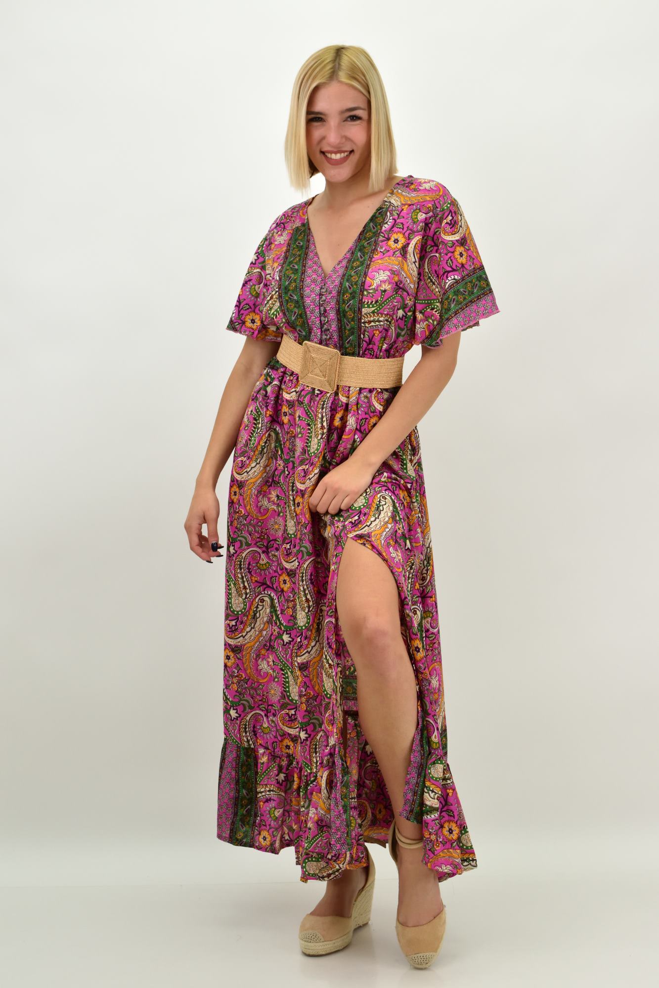 Γυναικείο μεταξωτό boho φόρεμα με κουμπιά χωρίς ζώνη Ματζέντα 20641