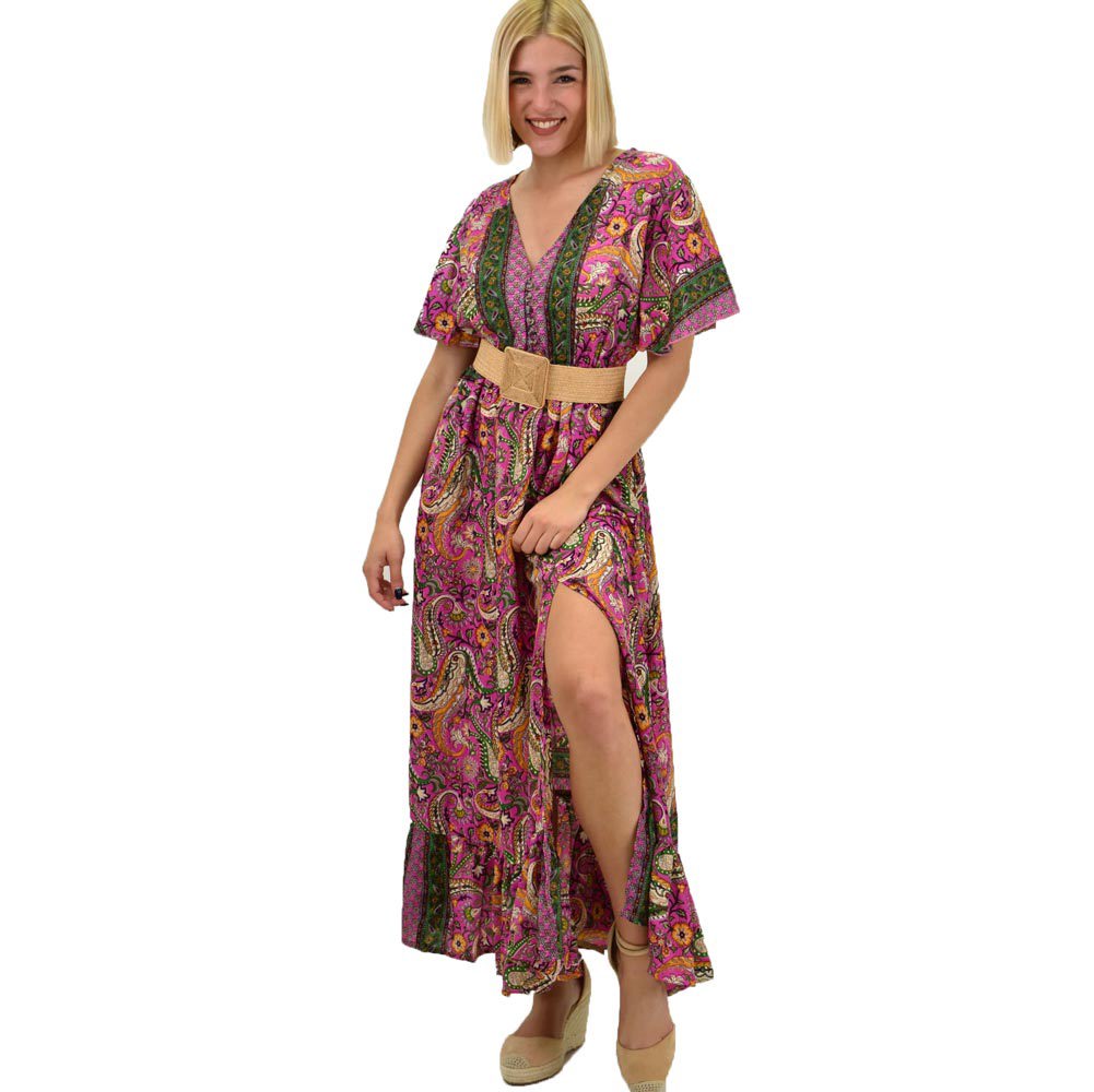 Γυναικείο μεταξωτό boho φόρεμα με κουμπιά χωρίς ζώνη Ματζέντα 20641