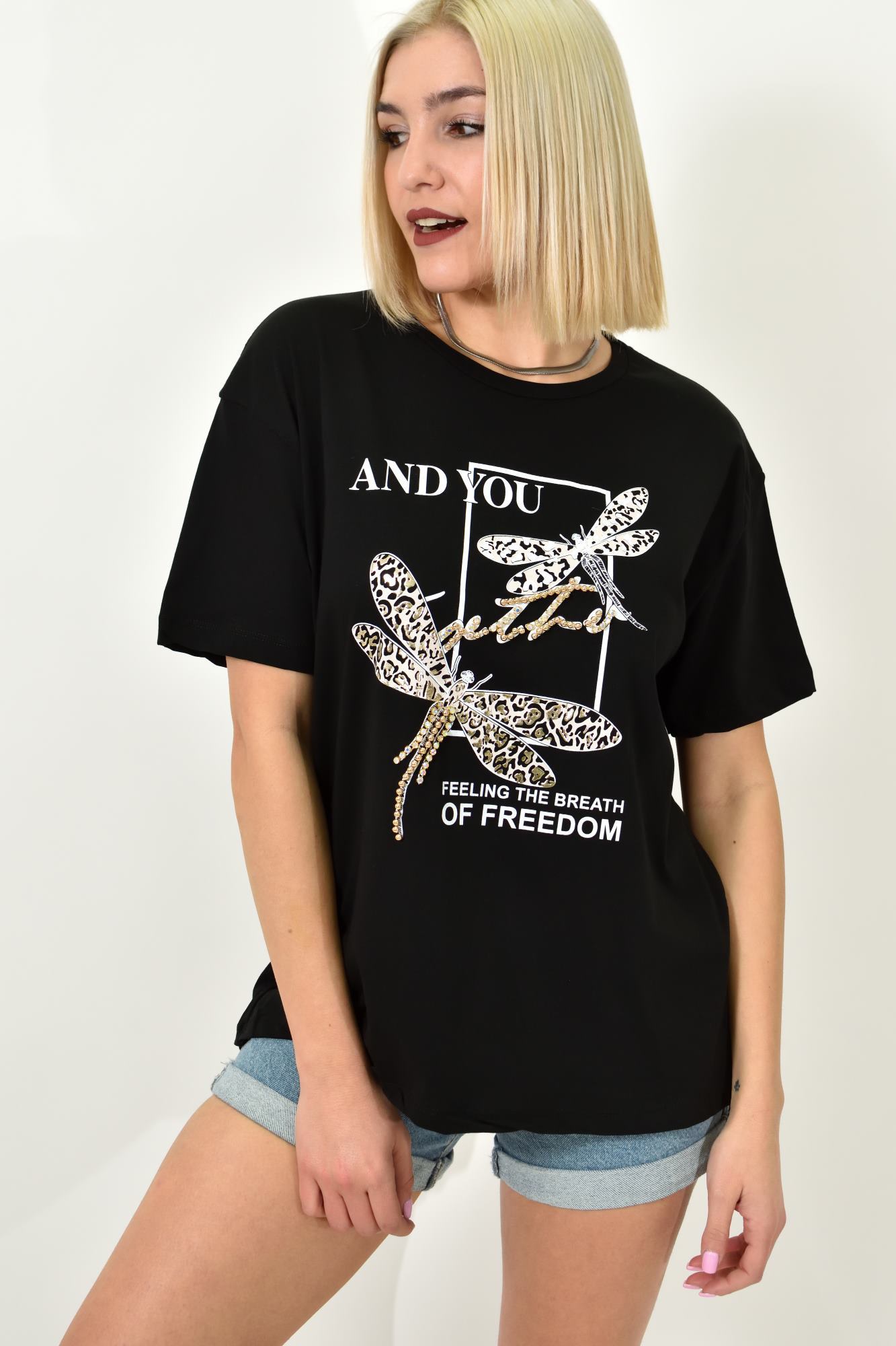 Γυναικείο T-shirt με σχέδιο και στρας Μαύρο 23160