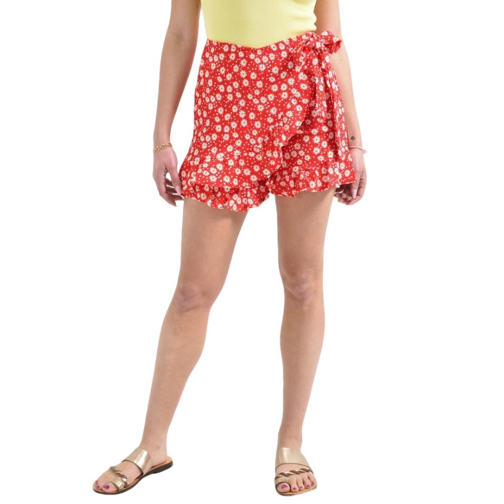 Γυναικείο Φλοράλ Σορτσάκι με Βολάν και Κρουαζέ Δέσιμο Κόκκινο 26344