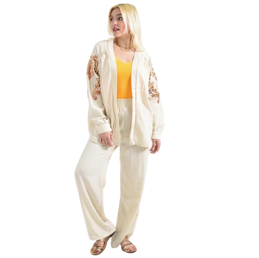 Σετ Κιμονό & Παντελόνα τύπου Λινό με Παγιέτα Μπεζ 26353